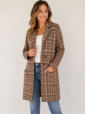 BeCool Women’s Brown Houndstooth Open Front Cardigan Coat Size Medium